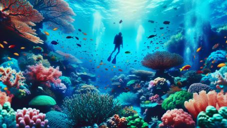An enchanting image of a vibrant, multi-colored coral garden teeming with exotic fish life beneath the crystal-clear waters of Palau, with a silhouette of a diver in the background, capturing the serene beauty and mystery of underwater exploration.