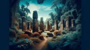 The image features the mesmerizing ruins of the ancient stone monoliths of Badrulchau, set against the backdrop of Palau's lush tropical forests and cerulean sky. These fascinating structures invite viewers to delve into the rich cultural and historical heritage of Palau.