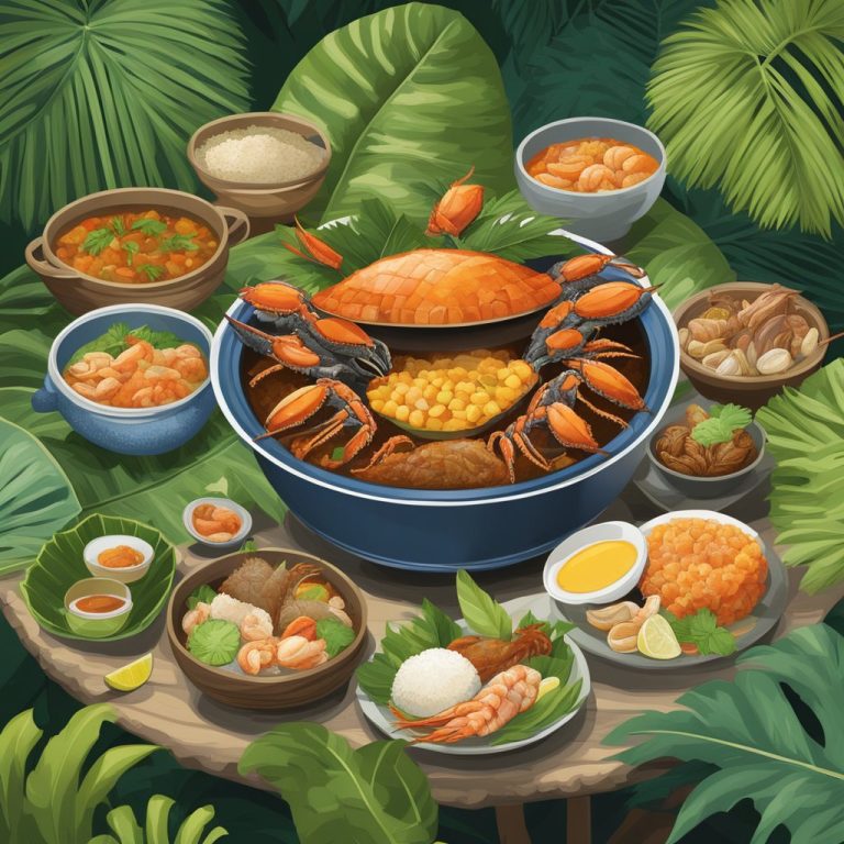 An image of seafood, fruits and vegetables that are mainstays of Palau island food