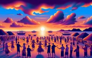 The image showcases a vibrant local celebration in Palau, with visitors warmly participating in traditional dances as the sun sets, painting the sky in hues of deep orange and purple. The image encapsulates the spirit of unity, immersion, and cultural richness that one can expect while connecting with local communities during their Palau travels.