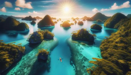 The image captures the breathtaking azure waters of Palau's Rock Islands, dotted with lush, green islets, under the radiant sun. A single kayak glides along the crystal-clear ocean, symbolizing the beginning of an unforgettable adventure.