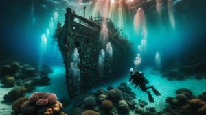 The image showcases a scuba diver swimming through the clear turquoise waters of Palau, edging closer to an eerily beautiful, coral-encrusted WWII shipwreck resting in the depths. The sun's rays, breaking through the water surface, add a mystical touch to the scene.