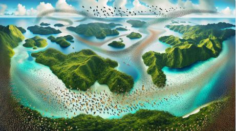 The image captures a breathtaking aerial view of Palau's lush landscapes, with a mesmerizing sight of diverse wildlife species mid-migration, creating a vibrant tapestry of life and movement that encapsulates the island's natural grandeur.