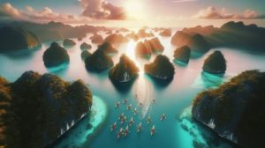 The image features a breathtaking aerial view of the Rock Islands in Palau, the sunlight dancing on the crystal clear turquoise waters, with a group of kayakers gently paddling amid the lush, undisturbed wilderness, perfectly embodying the spirit of sustainable eco-tourism.