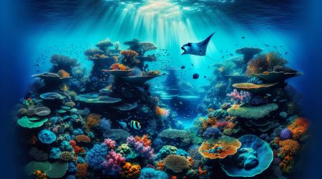 The image captures a bright, ethereal scene below Palau's azure waters, teeming with vividly colored coral reefs and a diverse array of enchanting marine creatures, including a gentle giant manta ray gliding gracefully. The unparalleled beauty of the underwater world promises the thrill of rare marine life encounters.