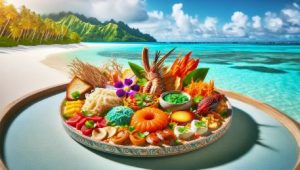 The image showcases a vibrant, beautifully plated dish of traditional Palauan cuisine, set against a backdrop of a pristine beach with crystal clear turquoise waters. The exotic allure of the dish, coupled with the breathtaking scenery, invites viewers to delve into the unique culinary experiences waiting in Palau.