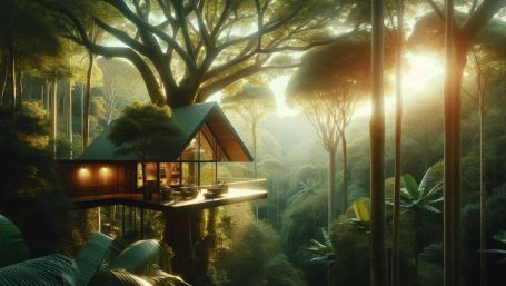 The image showcases a stunning, ultra-modern sustainable treehouse suite nestled in a lush, verdant forest. Warm sunlight peeks through the canopy, bathing the eco-luxury hideaway in gentle hues, inviting the eco-conscious traveler to experience unparalleled comfort in harmony with nature.