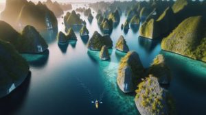 A breathtaking aerial view of Palau's Rock Islands, with their lush, green peaks piercing azure waters, as a lone kayaker paddles amidst the majestic formation, epitomizing the exhilarating allure of adventure in different seasons.