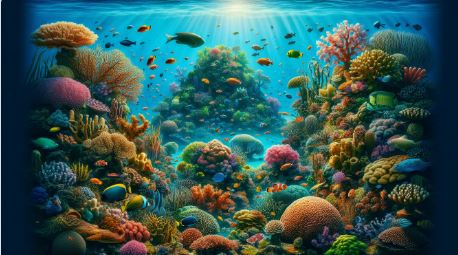 The image captures the mesmerizing underwater beauty of Palau, featuring vibrant coral reefs teeming with a diverse array of colorful marine life, symbolizing the rich biodiversity that conservation efforts aim to protect.