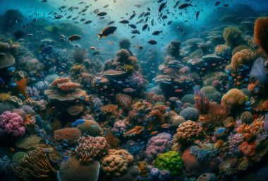 The image captures an enchanting underwater panorama highlighting the vivid coral gardens of Palau's reefs, teeming with a diverse array of marine life, reflecting the thriving ecosystem that conservation efforts are striving to protect.