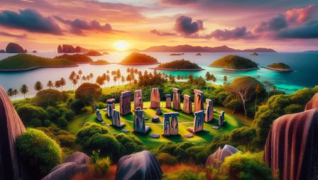 The image showcases the breathtaking view of the ancient stone monoliths of Badrulchau, standing majestically amidst the lush greenery of Palau, reflecting the rich and mysterious cultural heritage of this island paradise. The vibrant sunset in the background amplifies the serene beauty, inviting viewers to delve deeper into the story of Palau's cultural heritage sites.