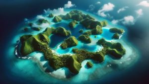 The image showcases a stunning aerial view of Palau's untouched islands, their lush tropical vegetation punctuated by secretive azure lagoons, inviting readers to explore the unseen, paradisiacal treasures of this Pacific archipelago.
