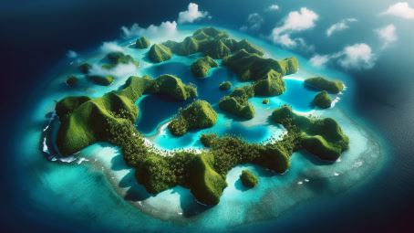 The image showcases a stunning aerial view of Palau's untouched islands, their lush tropical vegetation punctuated by secretive azure lagoons, inviting readers to explore the unseen, paradisiacal treasures of this Pacific archipelago.