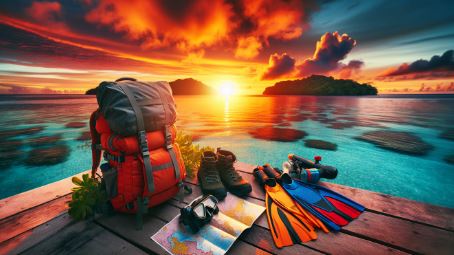 The image captures a vibrant sunset over the crystalline waters of Palau, with a foreground showcasing a neatly arranged backpack, hiking boots, snorkeling gear, and a map - a telltale sign of an impending adventure.