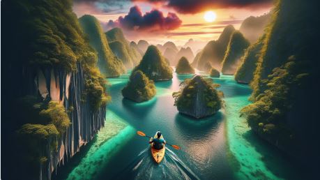 The image showcases a lone adventurer paddling his kayak through the emerald waters surrounding Palau's astonishing maze of limestone rock islands, the lush vegetation cascading off the cliffs delineating the vivid hues of the turquoise sea. The setting sun paints a dramatic palette of colors in the sky, reflecting a perfect combination of thrill and tranquility, inviting readers to explore a kayaking adventure in Palau.