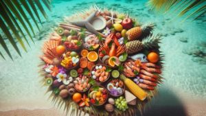 The image showcases a sumptuous spread of traditional Palauan delicacies, brightly colored tropical fruits, and freshly-caught seafood, beautifully arranged on a woven palm leaf mat with the turquoise Palauan sea as the backdrop. This alluring feast invites viewers to explore the vibrant and exotic flavors of Palau's local cuisine.