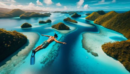 The image features a breathtaking panoramic view of the azure waters of Palau dotted with lush green islands, while a sun-kissed snorkeler foregrounds the scene, diving into the crystal clear waters. The scenic beauty of the location instantly appeals to the sense of adventure and exploration, inviting viewers to plan their Palau adventure.