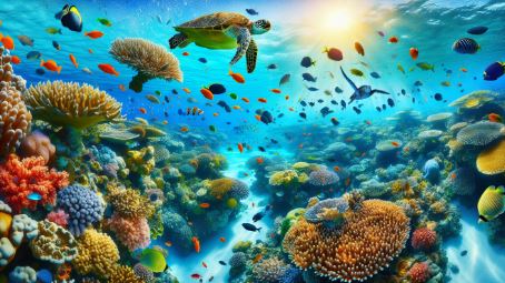 The image showcases a vibrant underwater scene in Palau's pristine waters, where exotic marine life including colorful coral reefs, schools of tropical fish, and a playful sea turtle revel in their natural habitat. The bright hues of the sea world, contrasted against the crystal clear waters, invite viewers to delve into this mesmerizing underwater paradise.