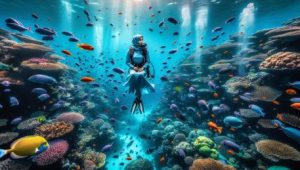 The image captures a surreal underwater scene, where a diver hovers in crystal-clear waters, surrounded by schools of vibrantly coloured tropical fish and the rich, unspoiled coral reefs of Palau in the background, sparking an irresistible urge to explore these hidden underwater treasures.