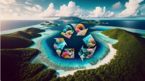 The image showcases the stunning natural beauty of Palau - vibrant coral reefs teeming with colorful marine life, lush tropical forests, and pristine beaches, with a subtle overlay of a recycling symbol, emphasizing the importance of sustainability.