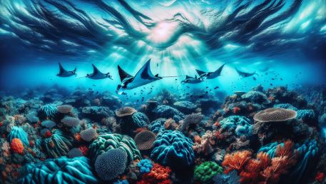 A breathtaking underwater image showcasing the vibrant marine life of Palau; majestic manta rays glide serenely through the crystal-clear waters, framed by a kaleidoscope of colorful corals - a perfect embodiment of the captivating beauty awaiting exploration and photography.