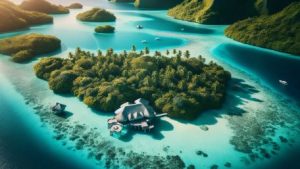 The image captures a breathtaking aerial shot of an overwater bungalow nestled among the clear turquoise waters and lush greenery of Palau, inviting adventure seekers into a unique and exotic accommodation experience.